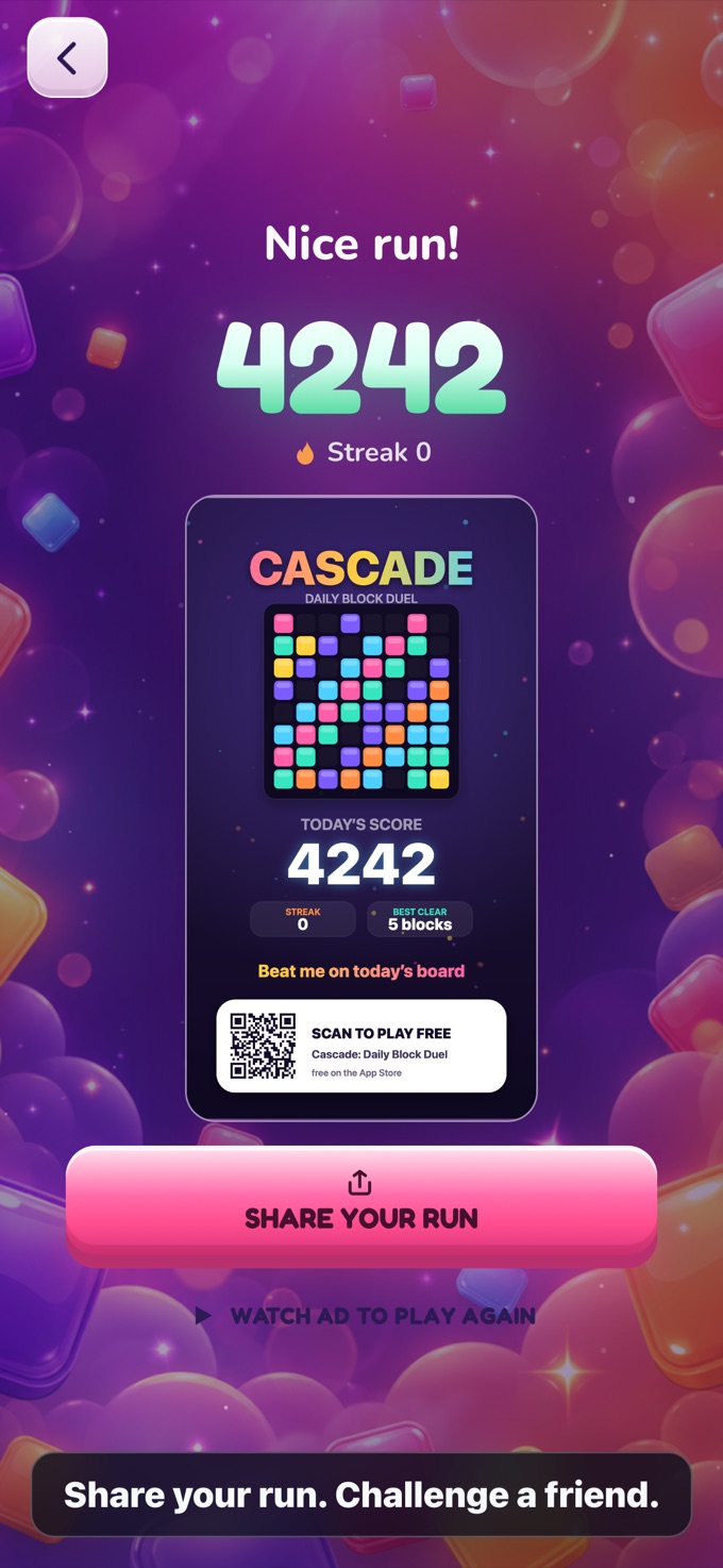 Shareable result card with score and QR code