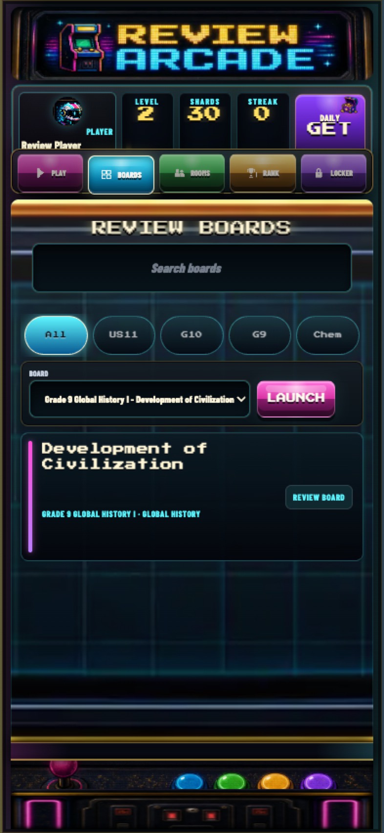 Review Arcade subject browser showing Middle School, High School, and AP board categories